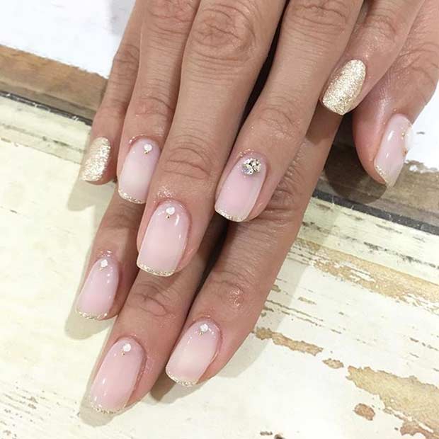 White French Tip Rhinestone Acrylic Press On Nails